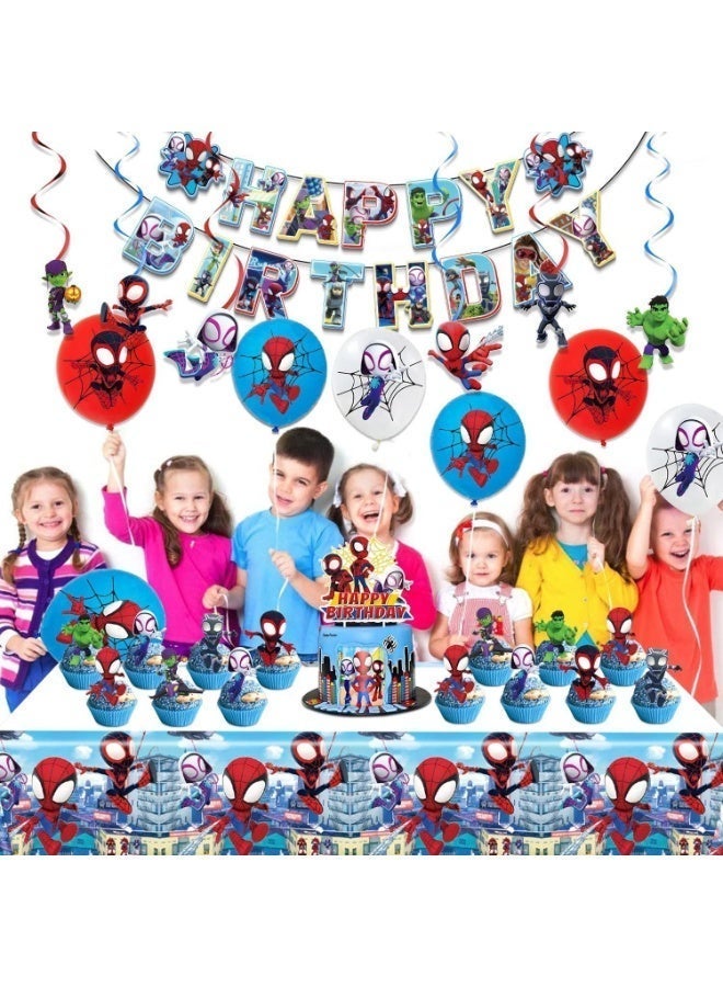 S-Quality Spidey and His Amazing Friends Theme Birthday Party Decoration Set – Banner, 18 Balloons, 25 Cupcake Toppers, 2 Foil Balloons, Table Cover & Ribbon - Image 3