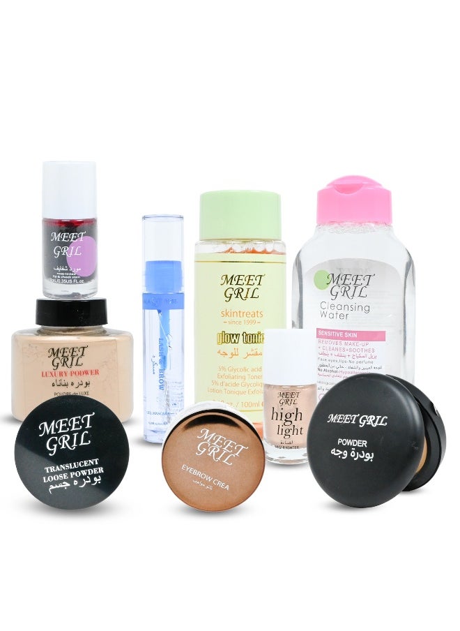 A makeup kit containing all the essentials for a new modern look, including foundation, concealer, eyeliner, mascara, eyeliner, blush, bronzer, and lipstick in various shades, in addition to makeup brushes, suitable for daily use and occasions