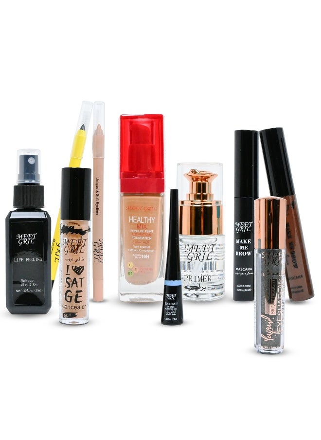 A makeup kit containing all the essentials for a new modern look, including foundation, concealer, eyeliner, mascara, eyeliner, blush, bronzer, and lipstick in various shades, in addition to makeup brushes, suitable for daily use and occasions