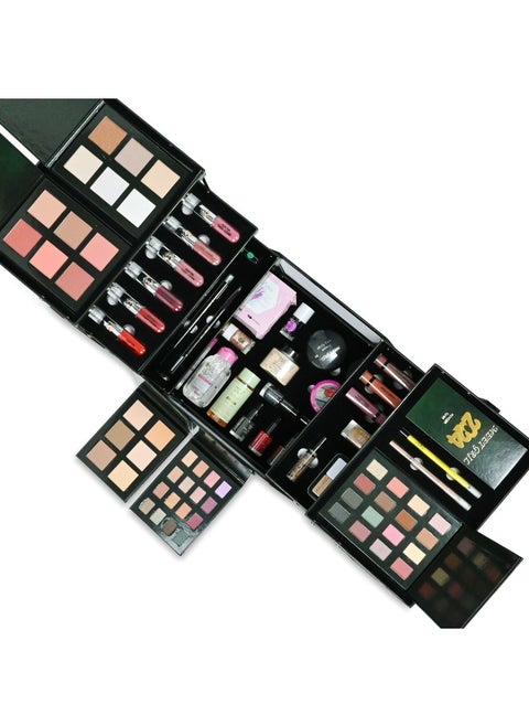 A makeup kit containing all the essentials for a new modern look, including foundation, concealer, eyeliner, mascara, eyeliner, blush, bronzer, and lipstick in various shades, in addition to makeup brushes, suitable for daily use and occasions