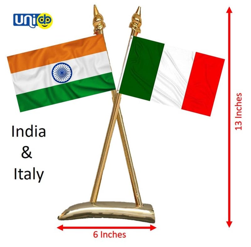 Uniq ITALY & INDIA Flags - Shining & Bright Cotton Cloth with Criss-Cross Classy Brass Base Table Stand - Image 2