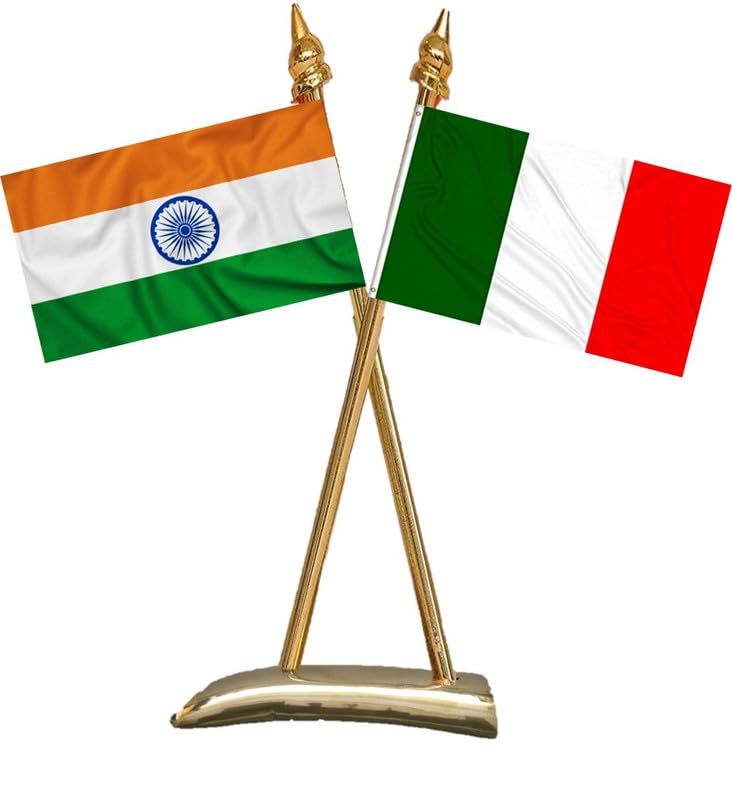 Uniq ITALY & INDIA Flags - Shining & Bright Cotton Cloth with Criss-Cross Classy Brass Base Table Stand - Image 5