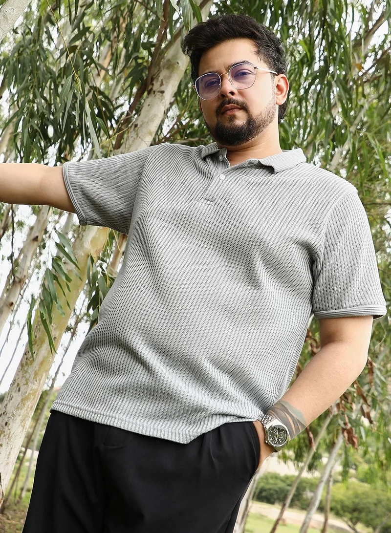 انستافاب بلس تيشيرت بولو رجالي سادة بياقة جاكار مضلعة وأكمام قصيرة بكفة جاكار وإغلاق نصف زر وهيم مستقيم من قماش محبوك للارتداء اليومي الكاجوال بلون رمادي معدني