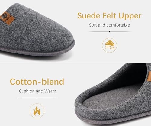 ONCAI Men's House Slippers Size 10 Memory Foam Cotton-Blend Slip-On Pantuflas Hombres Warm Cozy Scuff Home Felt Grey Bedroom Shoes with Wide Width Indoor/Outdoor Washable Rubber Soles - Image 5