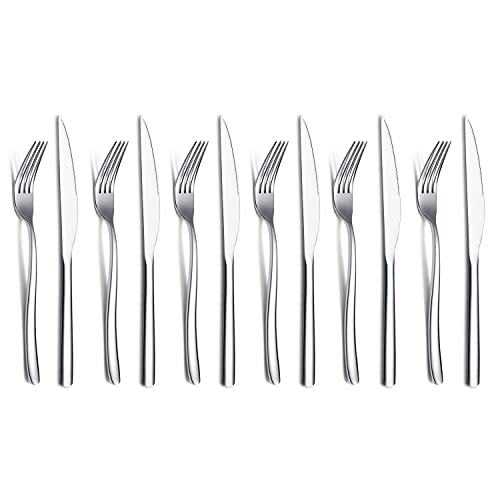 HOMQUEN Steak Knives Set 12 Piece Premium Stainless Steel 6 Dinner Forks and 6 Dinner Knives Set Steak Knives Steak Forks for 6 Person Mirror Polish Dishwasher Safe Shiny Silver 