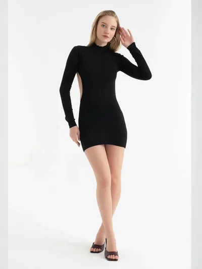HICCUP Crew Neck Back Cut Out Long Sleeve Mini Dress