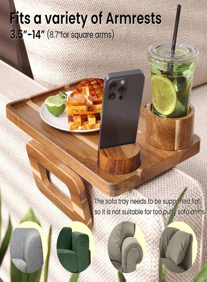 Danfoxer 3 in 1 Acacia Wood Couch Arm Tray,Couch Tray with Cup Holder and Phone Holder,Folding Sofa Armrest Trays Clip-On Sofas Desk for Drinks,Snacks,Phone,Remote Control - Image 3