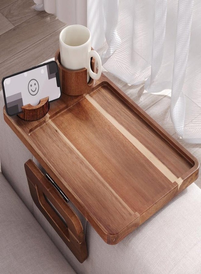 Danfoxer 3 in 1 Acacia Wood Couch Arm Tray,Couch Tray with Cup Holder and Phone Holder,Folding Sofa Armrest Trays Clip-On Sofas Desk for Drinks,Snacks,Phone,Remote Control - Image 1