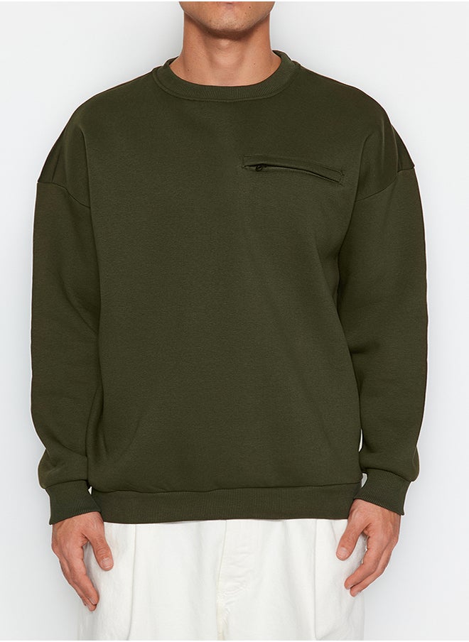 trendyol - Limited Edition Khaki Oversize/Wide Cut Zipper Pocket Inside Fleece Sweatshirt TMNAW24SW00007 - Image 1