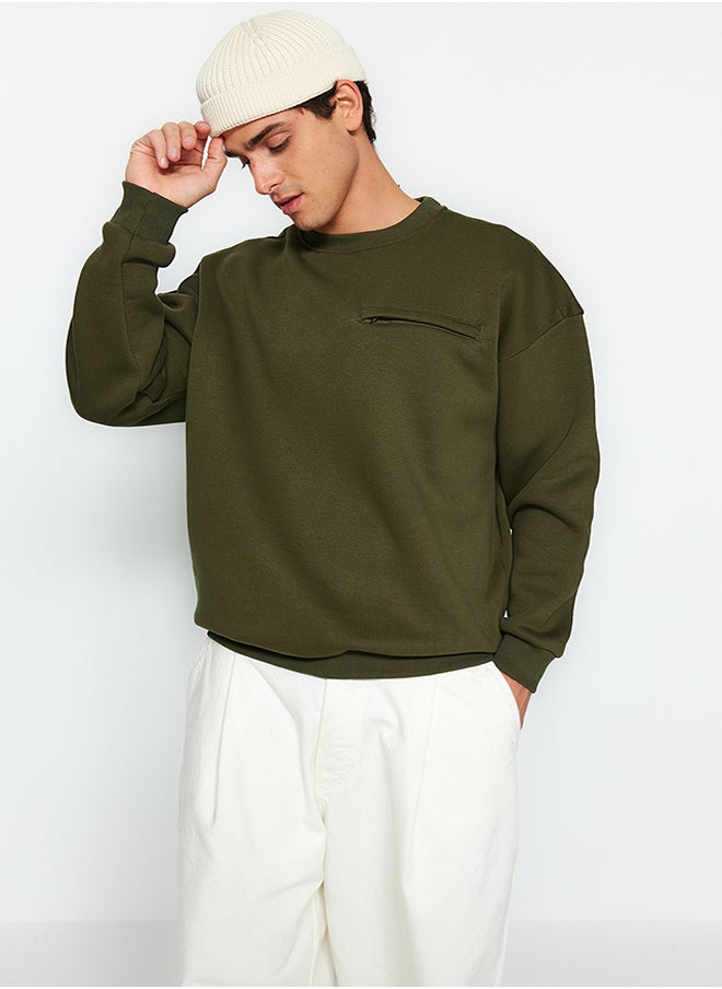 trendyol - Limited Edition Khaki Oversize/Wide Cut Zipper Pocket Inside Fleece Sweatshirt TMNAW24SW00007 - Image 1