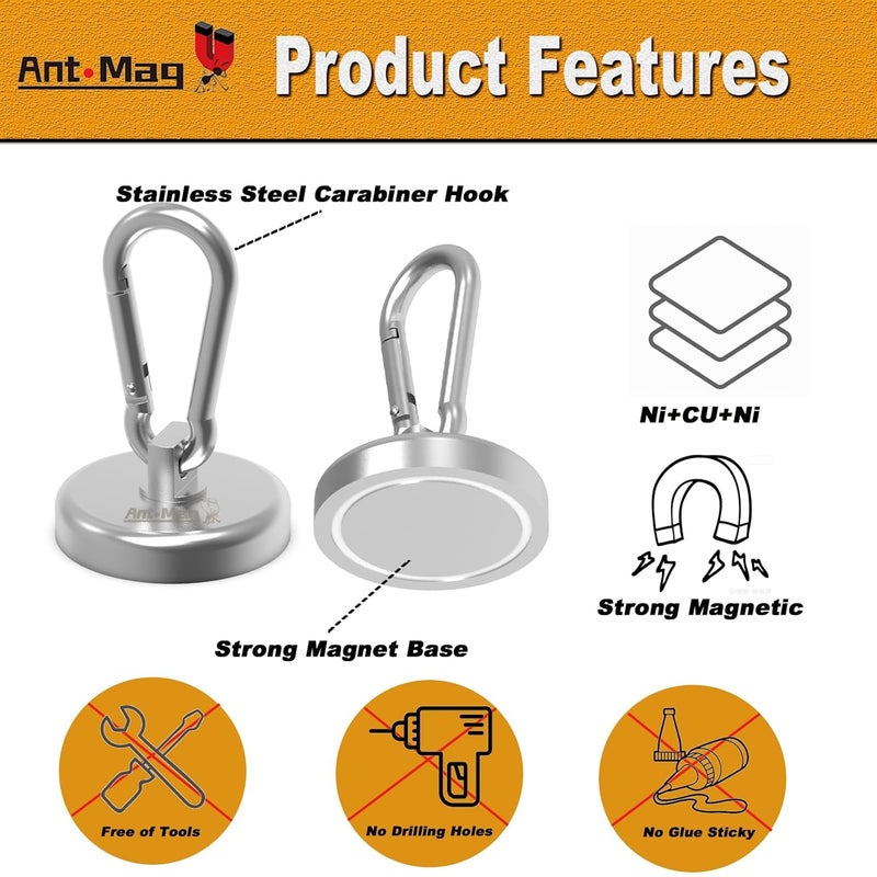 Ant Mag - Carabiner Magnetic Hooks 80LBS MAX Heavy Duty Neodymium Magnet Swivel Snap Hook for Hanging Indoor/Outdoor Grill Kitchen Cabinet Office 4 Pack - Image 4