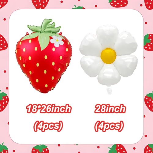 YOUDICT 8 PCS Strawberry Balloons Daisy Balloons Red Berry Foil Balloons for Strawberry Themed Birthday Party Decorations Berry First Birthday Decorations - Image 5