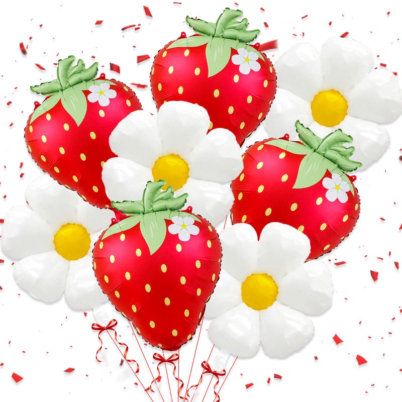 YOUDICT 8 PCS Strawberry Balloons Daisy Balloons Red Berry Foil Balloons for Strawberry Themed Birthday Party Decorations Berry First Birthday Decorations - Image 3