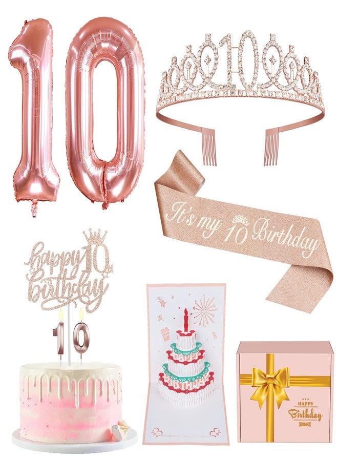 YeohJoy 10th Birthday Decorations For Girls, Include 10th Birthday Sash and Tiara, Birthday Cake Topper and Number 10 Candles, Balloons, 3D Birthday Card, 10th Birthday Gifts For Girls - Image 1