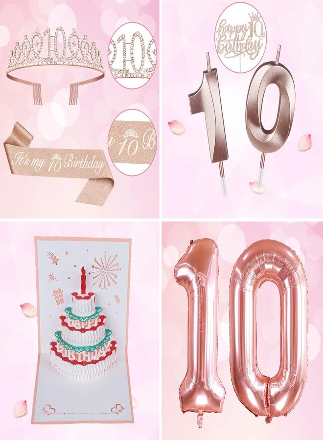 YeohJoy 10th Birthday Decorations For Girls, Include 10th Birthday Sash and Tiara, Birthday Cake Topper and Number 10 Candles, Balloons, 3D Birthday Card, 10th Birthday Gifts For Girls - Image 3