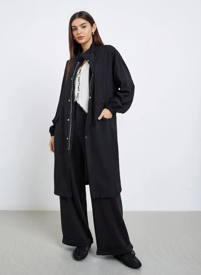 Styli Styli Black Oversized Utility Coat with Drawstring