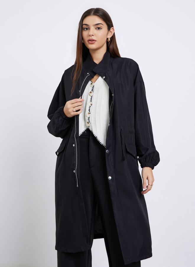 Styli Black Oversized Utility Coat with Drawstring - Image 2