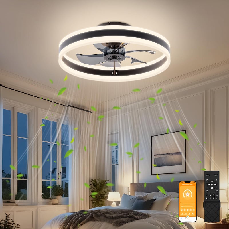 VOLISUN Fandelier Ceiling Fans with Lights and Remote 157in Low Profile Ceiling Fan Flush Mount 3000K6500K Dimmable Bladeless LED Fan Light Black Modern Ceiling Fans with Lights for Bedroom