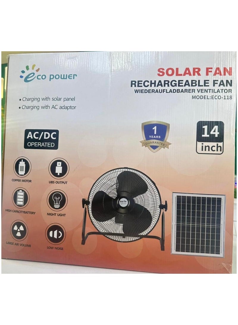 Rechargeable Solar Fan, DC Motor Quiet 14 Inch Pedestal Fan Oscillating Movement Fan Head 3 Speed with Solar Panel Rechargeable Portable Fan for Office Home Outdoor Camping (With Usb Port)  - Image 2
