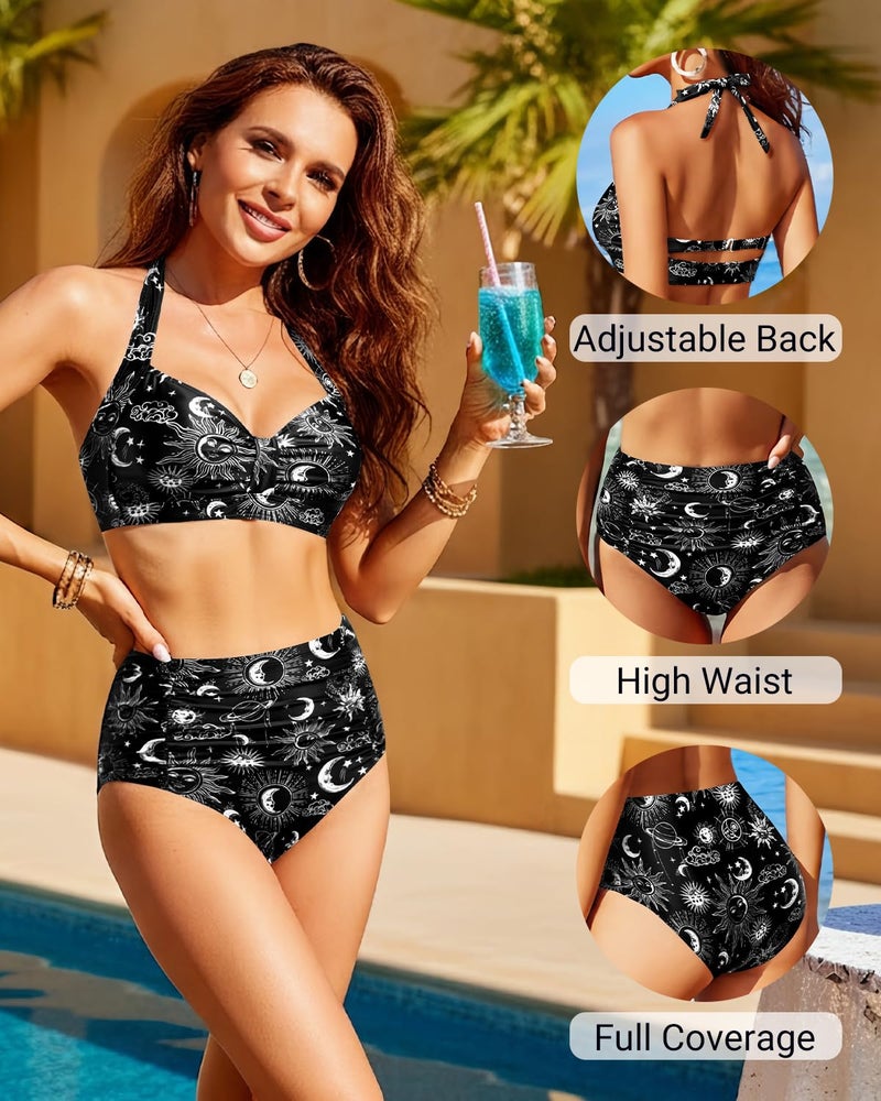 Holipick Black Sun Moon Women High Waisted Bikini Set Two Piece Swimsuit Tummy Control Bathing Suit Vintage Halter Swimwear L - Image 4