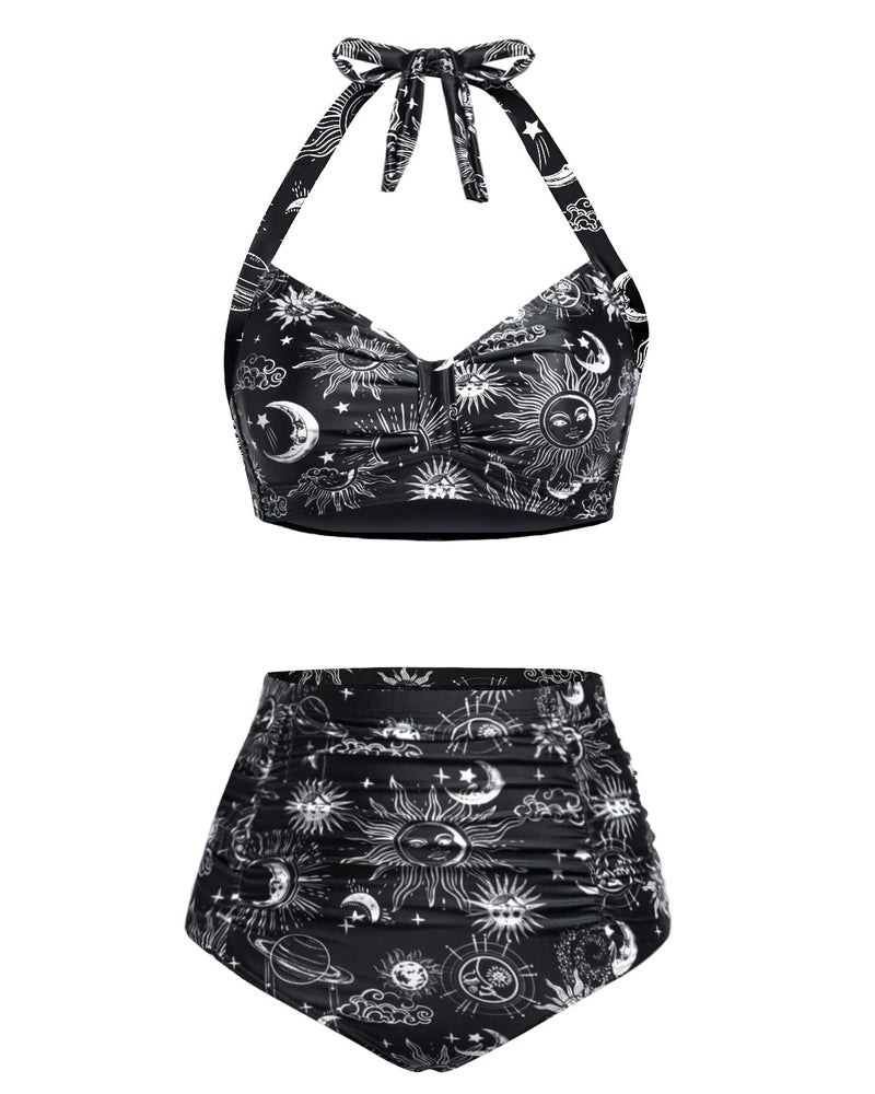 Holipick Black Sun Moon Women High Waisted Bikini Set Two Piece Swimsuit Tummy Control Bathing Suit Vintage Halter Swimwear L - Image 1
