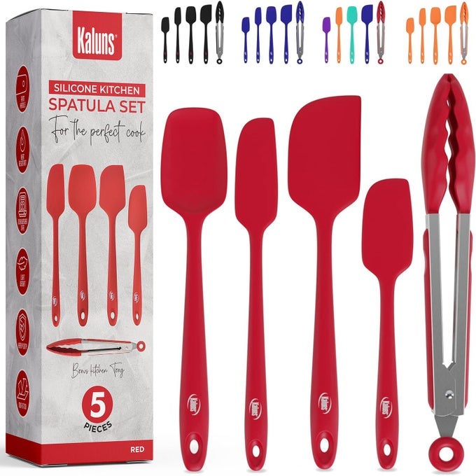 SILICONE SPATULA SET 4 RUBBER SPATULAS 600F HEAT RESISTANT NONSTICK SEAMLESS DESIGN WITH STAINLESS STEEL CORE DISHWASHER SAFE BPA FREE BONUS TONGS INCLUDED