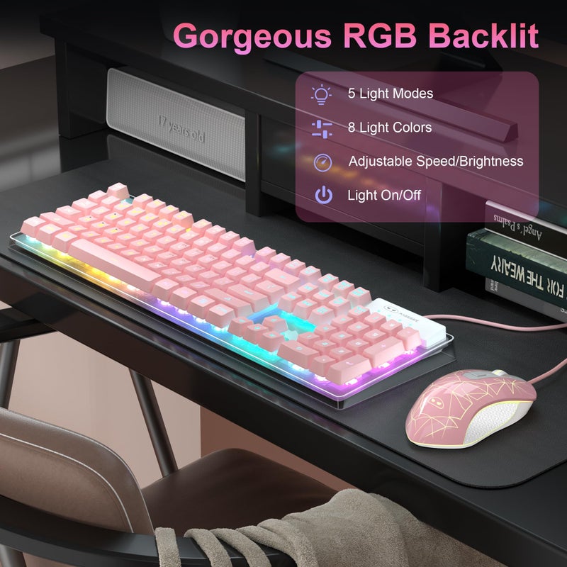 MageGee Gaming Keyboard and Mouse Combo, K1 RGB LED Backlit Keyboard with 104 Keys Computer PC Gaming Keyboard for PC/Laptop (Pink) - Image 3