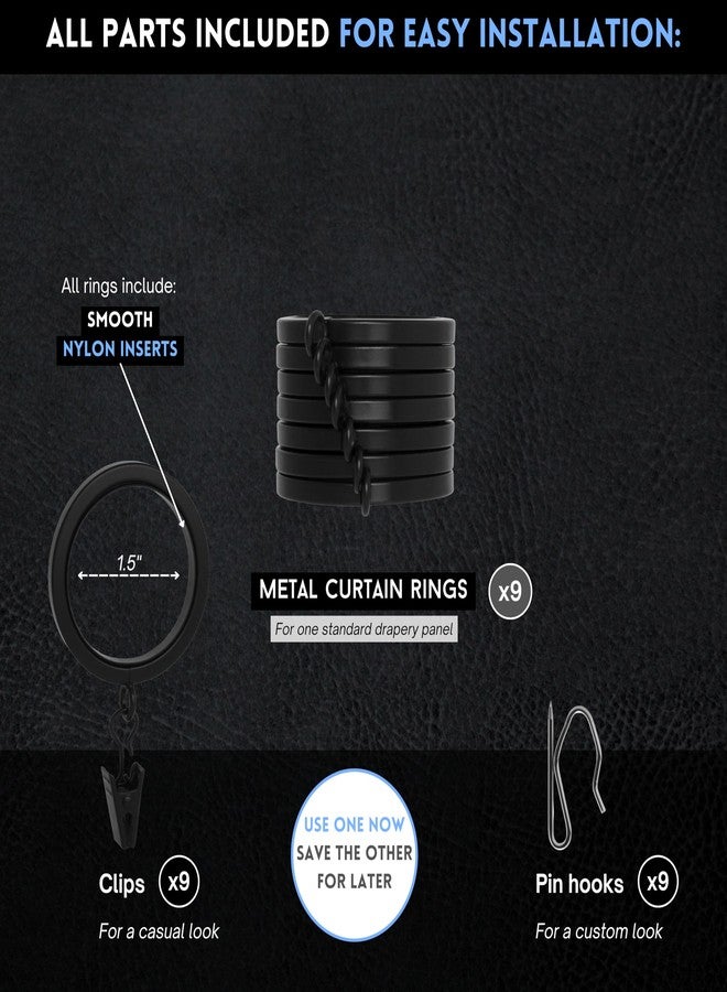 BlastHome® Luxury Curtain Rings - Premium Metal with Quiet, Smooth Nylon Inserts - Pinhooks and Clips Included - 1 1/2" Inside Diameter - 9 Rings for One Standard Curtain - Tuxedo Black - Image 4