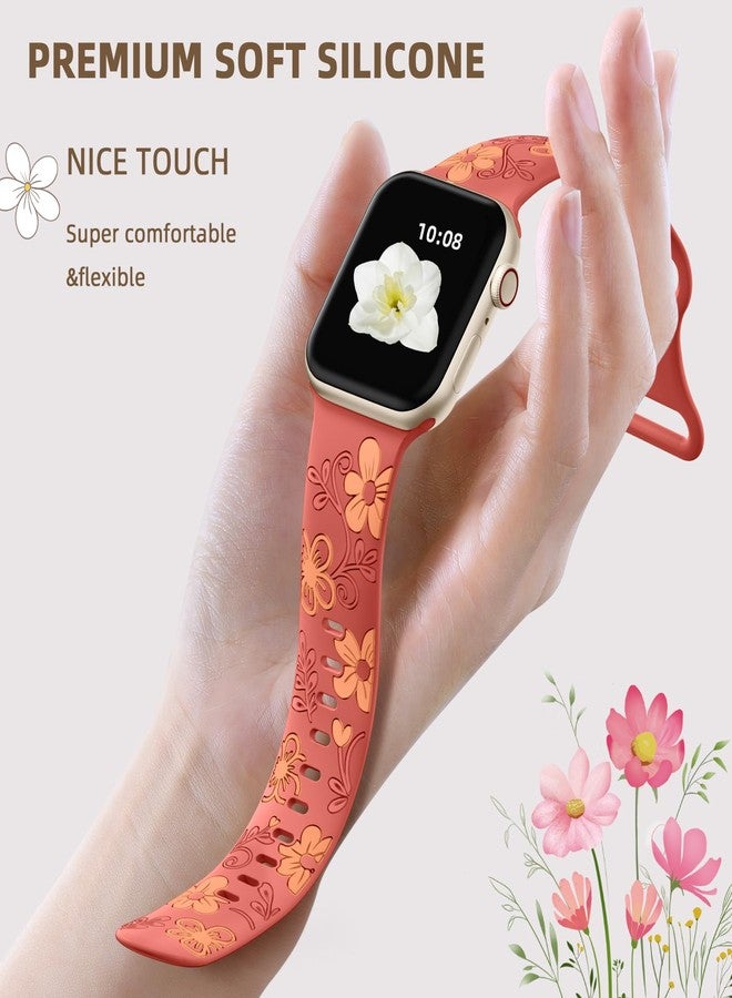 Witzon Cute Floral Band Compatible with Apple Watch Bands For Women 38mm 42mm 41mm 40mm 44mm 45mm 46mm 49mm, Engraved Flower Soft Silicone Inlay Strap for iWatch Series 11 10 9 8 7 6 5 4 3 2 SE Ultra - Image 3