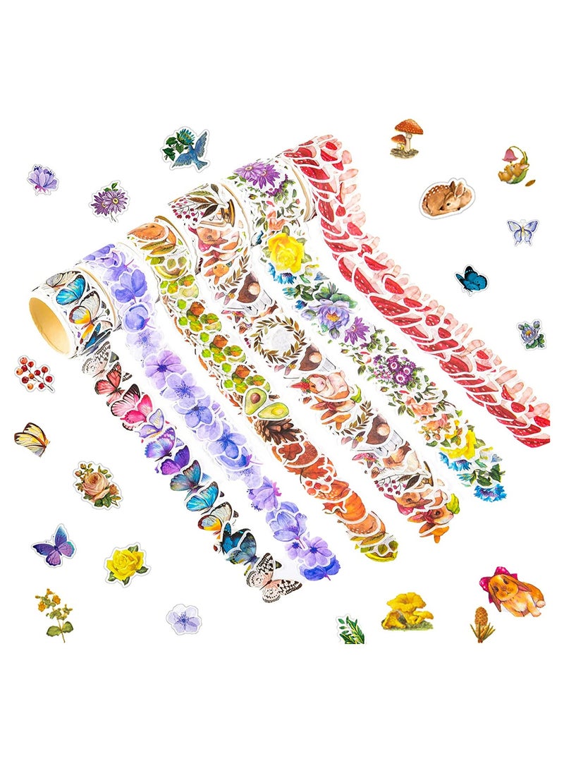 Excefore 600pcs Washi Tape Stickers Roll, 6 Roll Vintage Washi Tape, Decorative Butterfly Flower Animal Leaves Mushroom, Scrapbook Stickers for Art DIY Diary Planner, Colorful Aesthetic Stickers  - Image 1