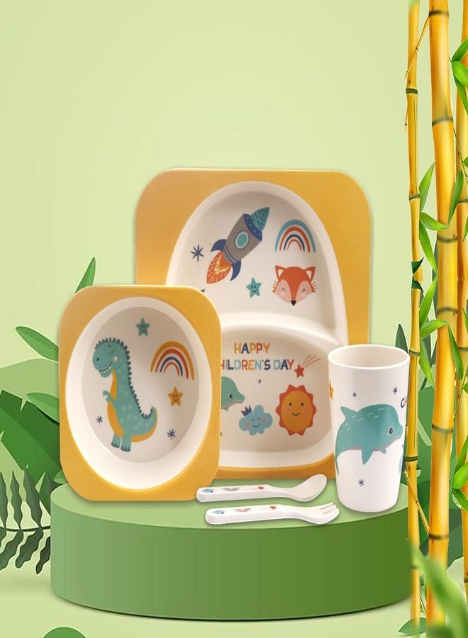 Tony Stark Bamboo Baby Feeding Set - 5-Piece Tableware for Toddlers, Kids & Babies Includes Plate, Bowl, Cup, Spoon, Fork - BPA-Free, Unbreakable Eco-Friendly |Organic & Natural (Dinosaur) - Image 1
