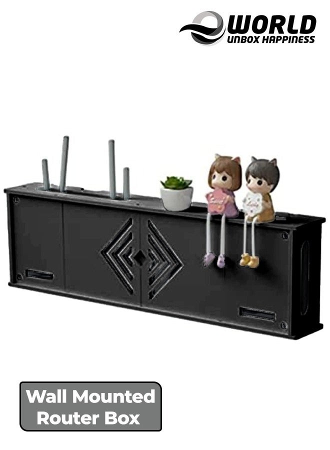 Eworld Stylish Wall-Mounted Router Rack for Wi-Fi Router, Set-Top Box, Light Cat Box, and More, Includes Doors and Patch Panel Shielding Box for Neat Storage, Black - Image 1
