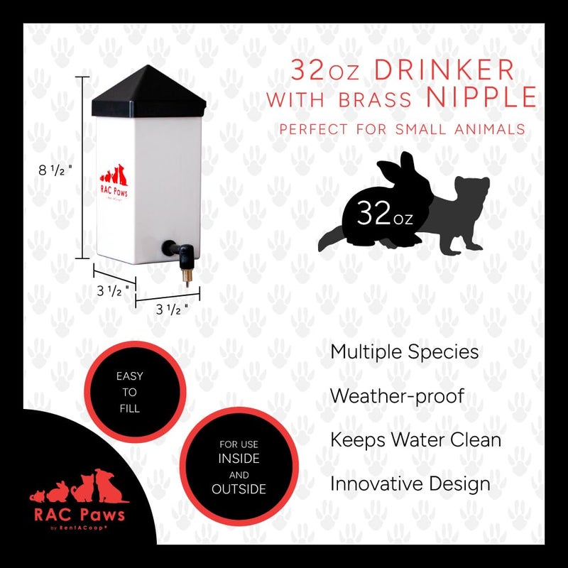 RentACoop 32oz(1L) Small Animal Drinker with No-Drip Brass Nozzle - Suitable for Small Pets, Bunnies, Hamsters, Guinea Pigs, Rabbits, Chinchillas, Mice and Rats - Image 2