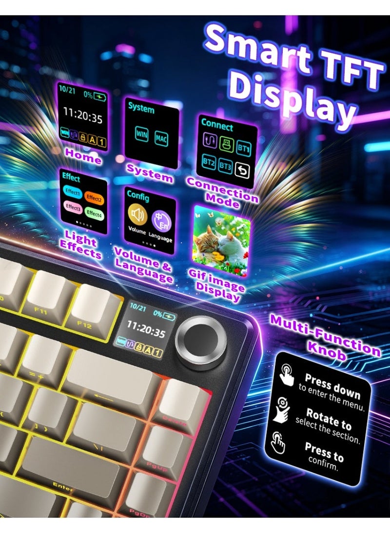 AULA {Custom Edition} F75 Premium Side-Engraved Keycaps Tri-Mode Switching Gaming Keyboard, TFT Screen, 75% Hot Swappable Custom Mechanical Magnetic Keyboard with Knob, 2.4GHz/Type-C/BT5.0, Gasket Creamy RGB Keyboards, for PC/Mac/Office/Gaming,Reaper Switches〖Gradient Gray〗 - Image 3