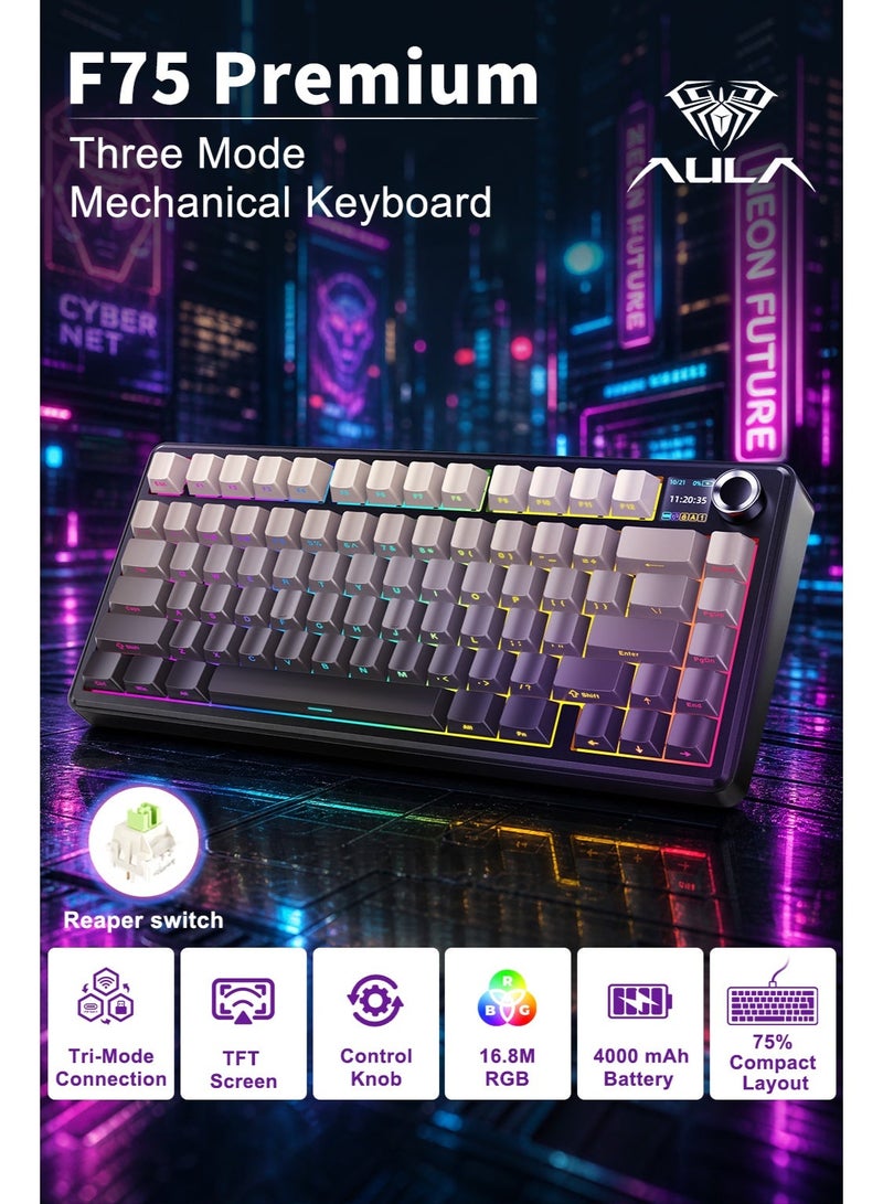 AULA {Custom Edition} F75 Premium Side-Engraved Keycaps Tri-Mode Switching Gaming Keyboard, TFT Screen, 75% Hot Swappable Custom Mechanical Magnetic Keyboard with Knob, 2.4GHz/Type-C/BT5.0, Gasket Creamy RGB Keyboards, for PC/Mac/Office/Gaming,Reaper Switches〖Gradient Gray〗 - Image 1