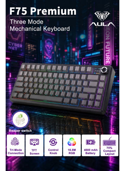AULA F75 Premium Custom Edition 75% Mechanical Gaming Keyboard with Full-key Hot Swappable | Tri-Mode Switching with Bluetooth / 2.4GHz / USB-C, TFT Screen, Custom Magnetic Keyboard with Knob, Five-Layer Padding,  RGB Backlit, Creamy, for PC/Mac/Office/Gaming,Reaper Switches