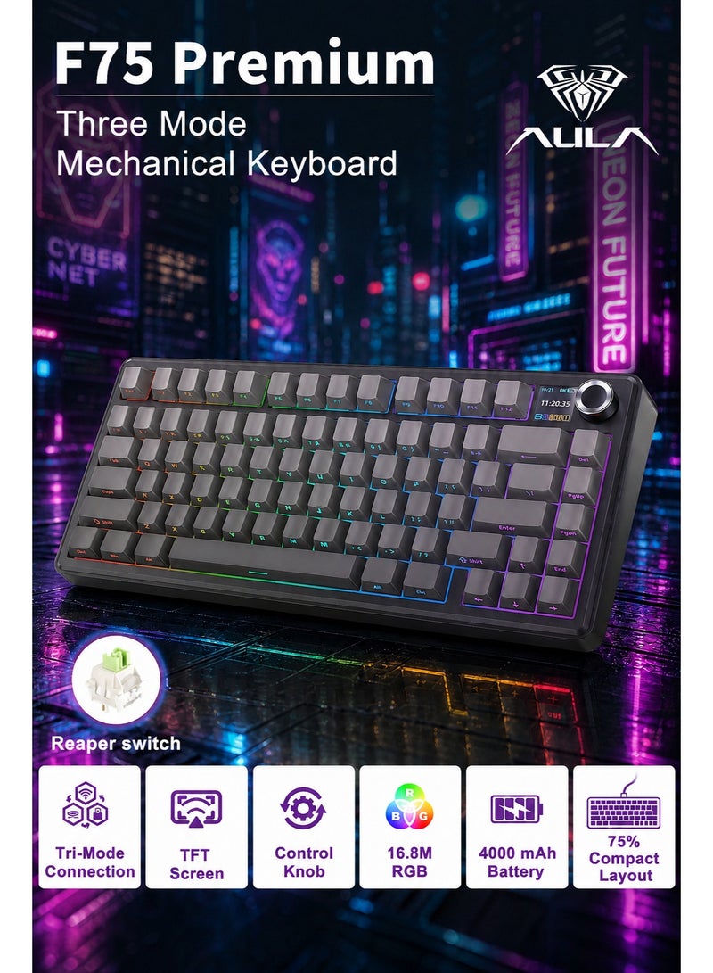 أولا لوحة مفاتيح الألعاب الميكانيكية AULA F75 Premium Custom Edition بنسبة 75%، قابلة للتبديل السريع لجميع المفاتيح، تدعم التبديل ثلاثي الأوضاع مع بلوتوث / 2.4 جيجاهرتز / USB-C، شاشة TFT، لوحة مفاتيح مغناطيسية قابلة للتخصيص مع مقبض، حشوة من خمس طبقات، إضاءة خلفية RGB، لون كريمي، متوافقة مع أجهزة الكمبيوتر الشخصية/ماك/المكتب/الألعاب، مفاتيح Reaper. - Image 1