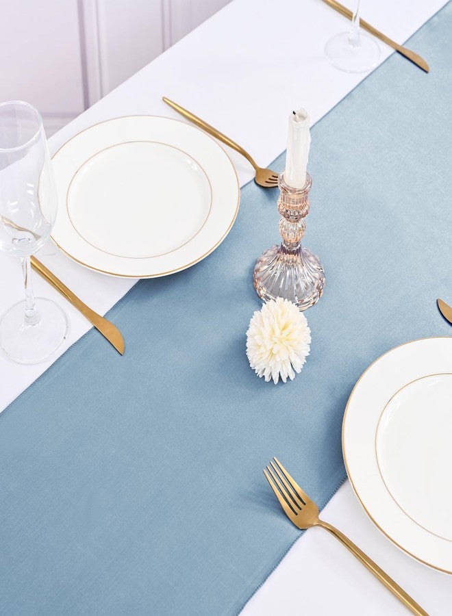 fani 12 Packs Dusty Blue Satin Table Runners 12 x 108 inch Long Smooth Fabric Table Runner for Wedding Banquet Graduations Birthday Party, Table Runners fit Rectange and Round Table - Image 4