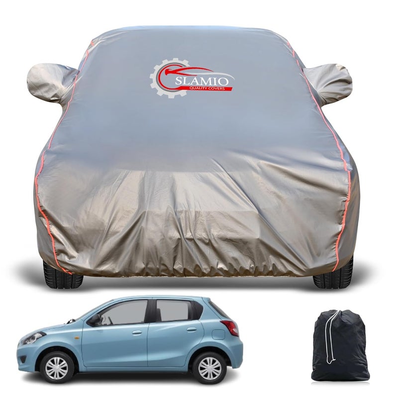 Slamio Heavy-Duty Car Body Cover for Renault's Dutsun Go | Waterproof, Dustproof, UV Protection, Custom Fit, Heavy Belt & Buckle with Mirror & Antenna Pocket | Dark Grey - Image 1
