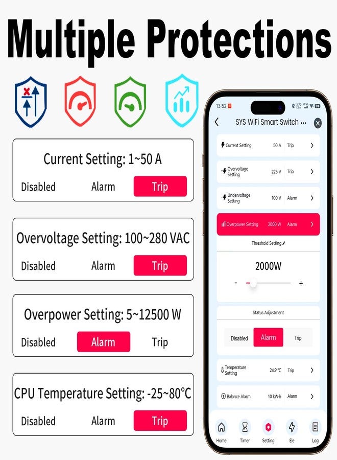 TONGOU Smart Wifi Switch, 1P+N AC90-240V 1-50A, Smart Life/Tuya APP Remote Control, with Power Monitoring, Export/Clear Power Data, DIN Rail Mounted, with LCD Display, Recloser Function, FCC Certified - Image 4