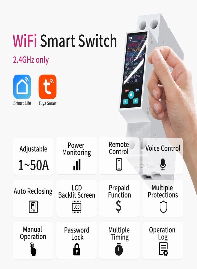TONGOU Smart Wifi Switch, 1P+N AC90-240V 1-50A, Smart Life/Tuya APP Remote Control, with Power Monitoring, Export/Clear Power Data, DIN Rail Mounted, with LCD Display, Recloser Function, FCC Certified - Image 2