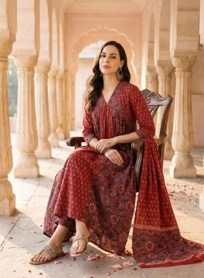 Yuris  Women Red Printed Gathering Kurta Set with Bottom & Dupatta for Women | Best Price UAE