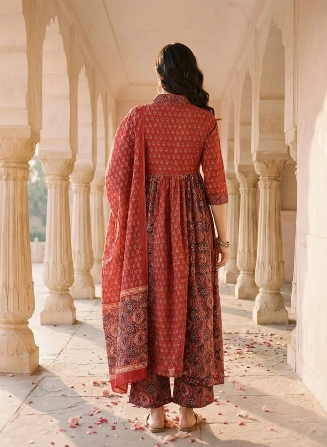 Yuris  Women Red Printed Gathering Kurta Set with Bottom & Dupatta for Women | Best Price UAE