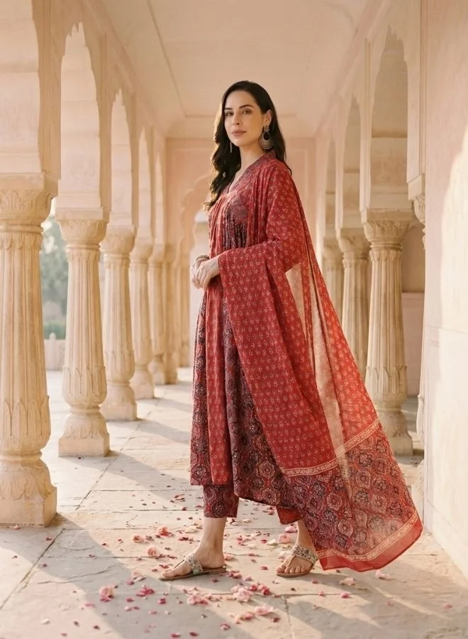 Yuris  Women Red Printed Gathering Kurta Set with Bottom & Dupatta for Women | Best Price UAE