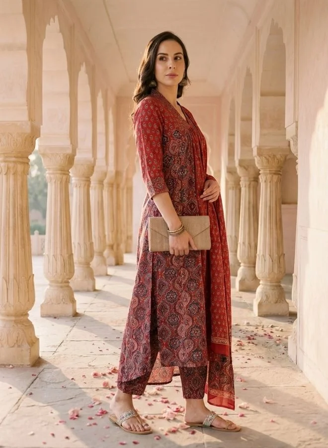 Yuris  Women Red Printed Gathering Kurta Set with Bottom & Dupatta for Women | Best Price UAE