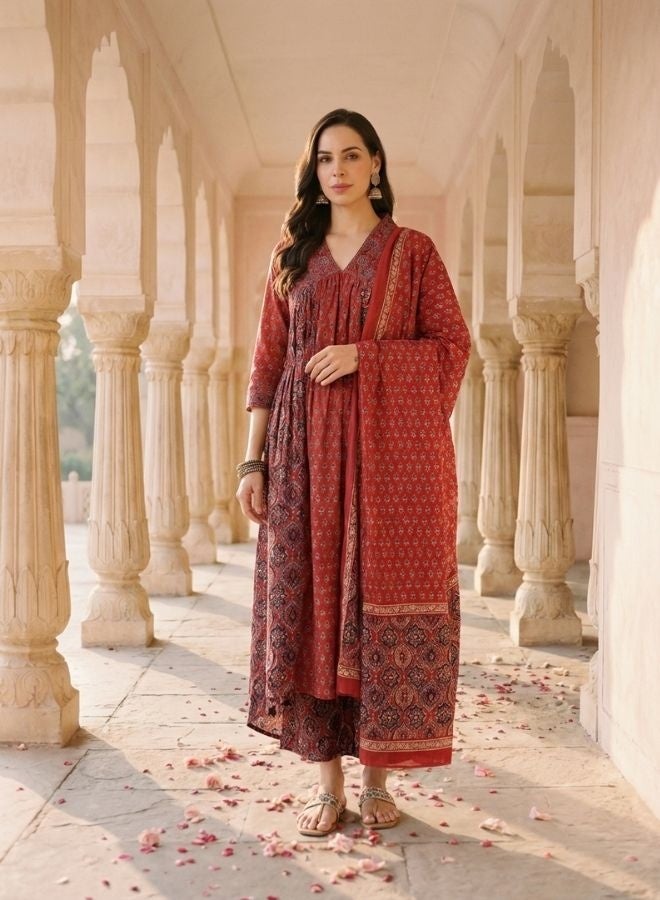Yuris Women Red Printed Gathering Kurta Set with Bottom & Dupatta - Image 1