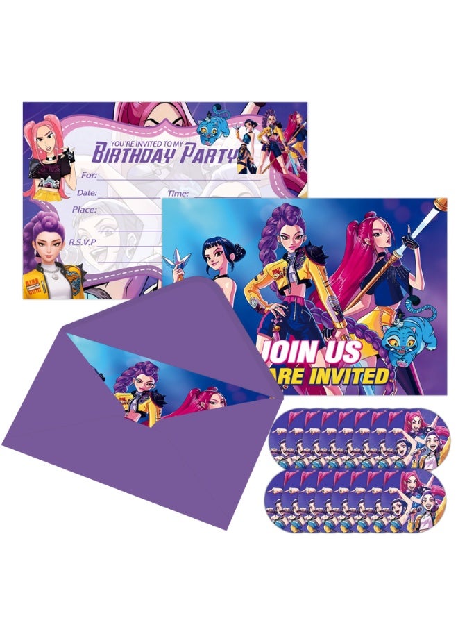 Huntrex 48pcs KPop Demon Hunters Birthday Invitation Card Set with Envelopes and Stickers, HUNTR/X Birthday Party Invitations, Fantasy Action Theme Party Supplies - Image 1
