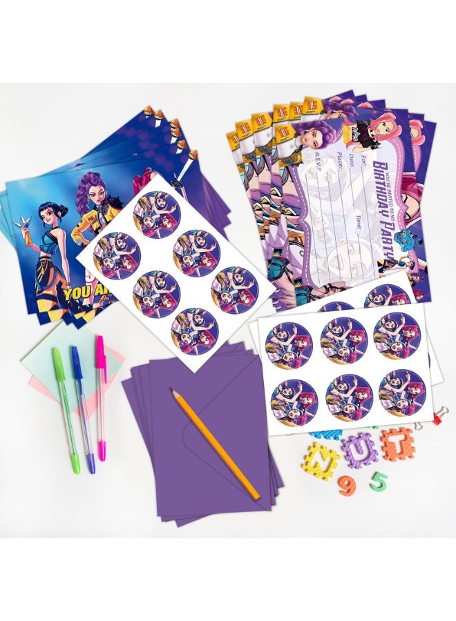 Huntrex 48pcs KPop Demon Hunters Birthday Invitation Card Set with Envelopes and Stickers, HUNTR/X Birthday Party Invitations, Fantasy Action Theme Party Supplies - Image 2