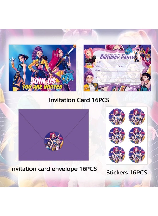 Huntrex 48pcs KPop Demon Hunters Birthday Invitation Card Set with Envelopes and Stickers, HUNTR/X Birthday Party Invitations, Fantasy Action Theme Party Supplies - Image 3