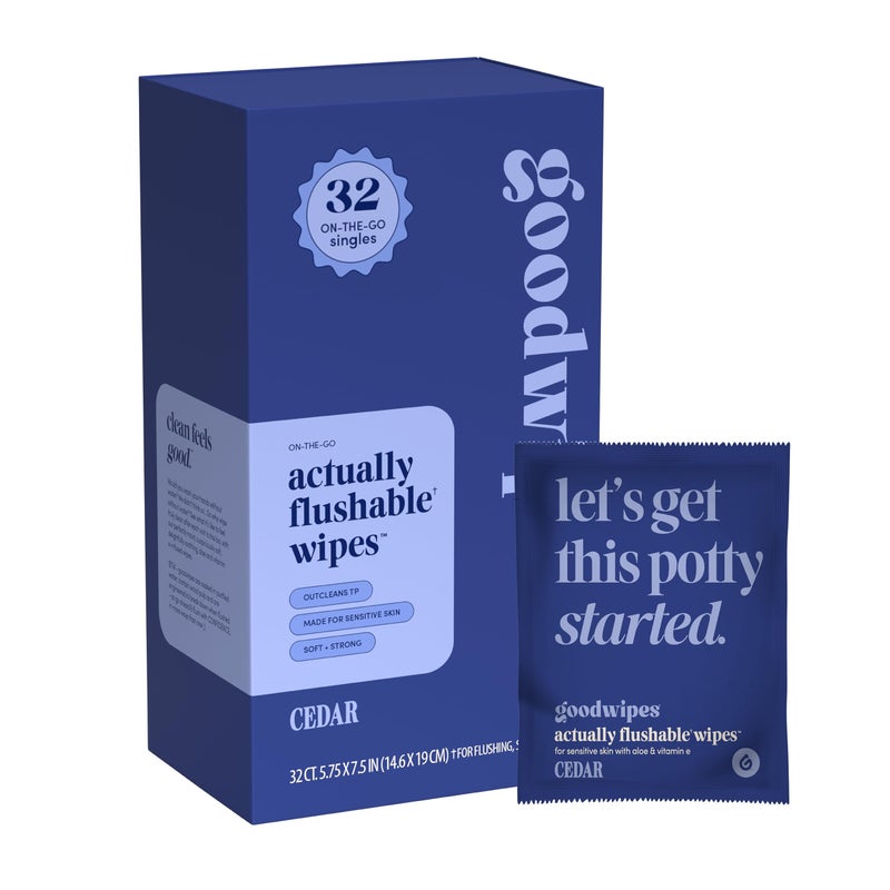 Goodwipes Flushable Wipes - Individually Wrapped Butt Wipe For On-The-Go Adults - Portable Mini Wipes - Travel Essentials - Sewer & Septic Safe - Cedar  32 Count (1 Pack) - Image 1